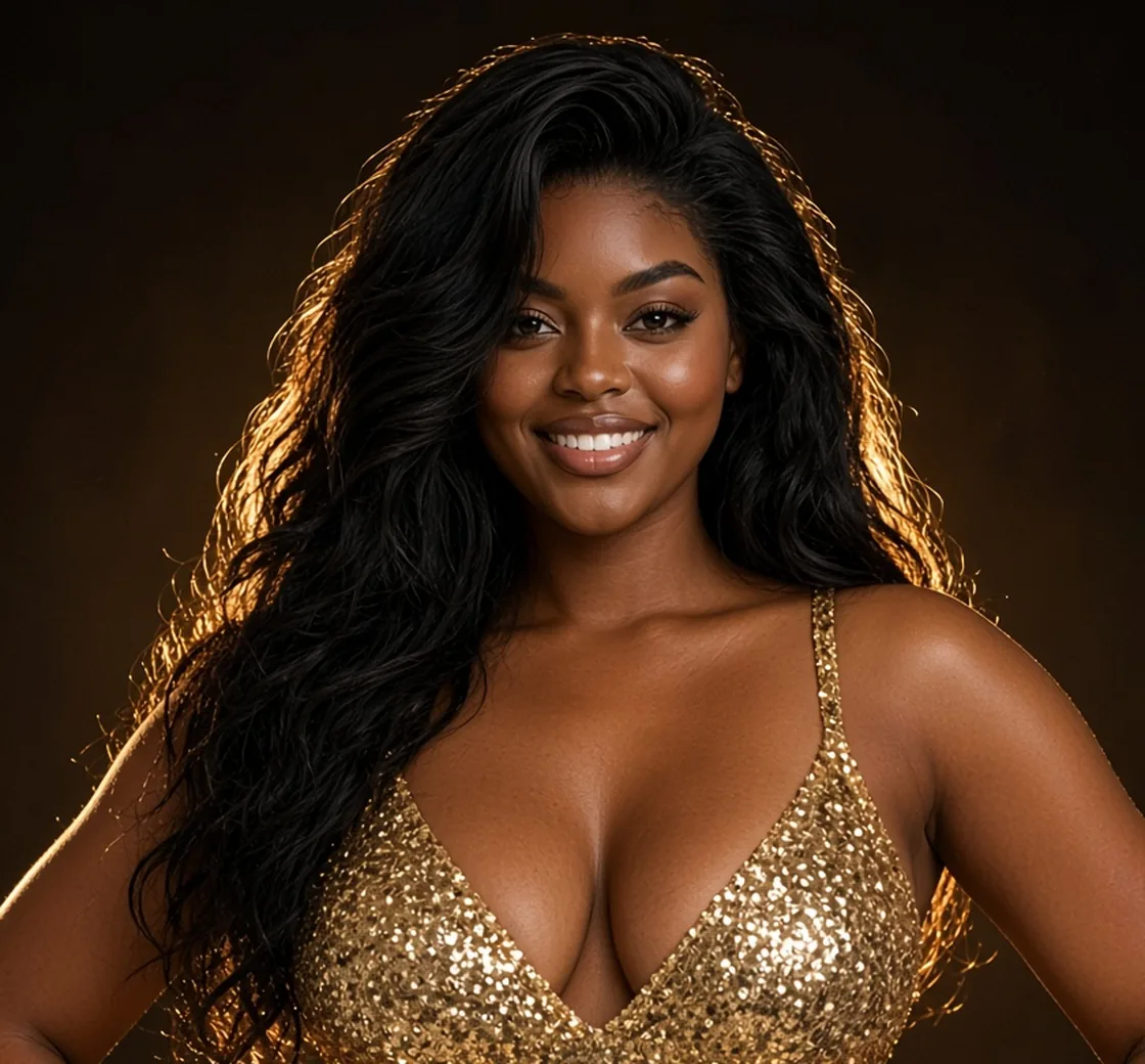 Mocha Reign, the face of the Crown It 100 rap desk, smiling in a gold sequin dress