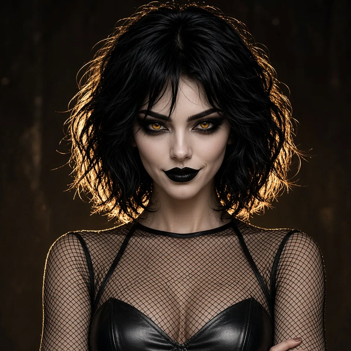 Mary Vixx, the face of the Crown It 100 rock desk, in black leather and mesh with dark lipstick