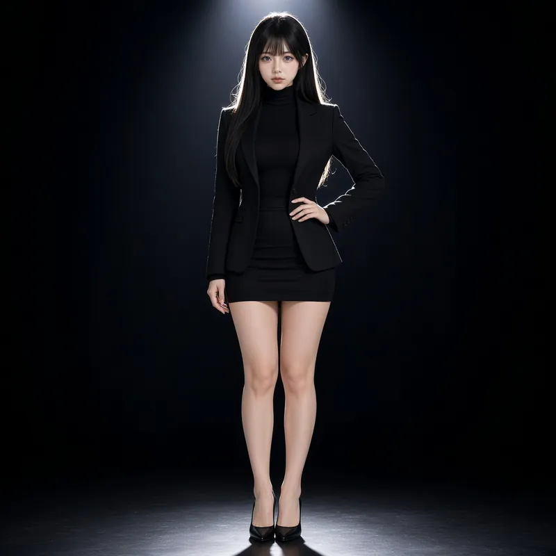 Nina Sato, WEONLYUS virtual baddie, in a black blazer dress on a spotlit stage